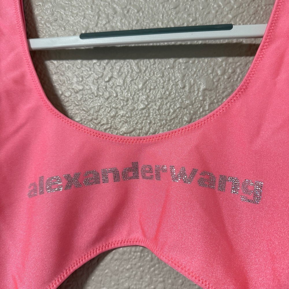 NWT Alexander Wang Rhinestone Logo Cutout Swimsuit Neon Pink One Piece Size S - Picture 5 of 10
